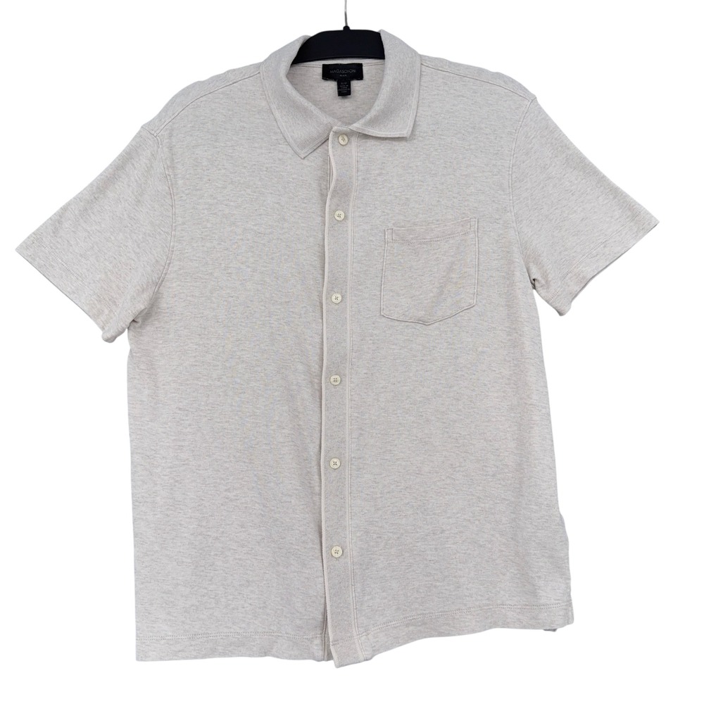 Magaschoni Man Mens Small Oatmeal‎ Heather Cotton Modal Knit Button Down Shirt